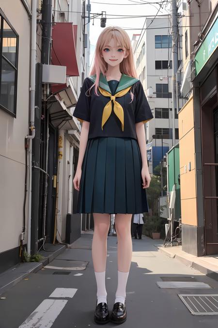 <lora:serafuku:0.6>, best quality, 1girl, long hair, blonde hair, blue eyes, (white/black/green/blue/pink/yellow japanese school shirt), sailor collar, neckerchief, short sleeves, black/green/blue/pink/white/yellow skirt, white socks, black shoes, smile,full body, standing, outdoors, cityscape, streets, buildings,