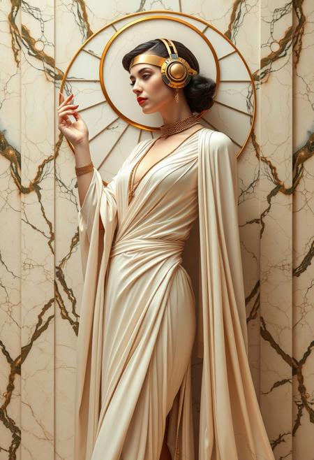 art deco woman 1920s retro-futurism , alabaster and marble , gold and chrome , flowing robes