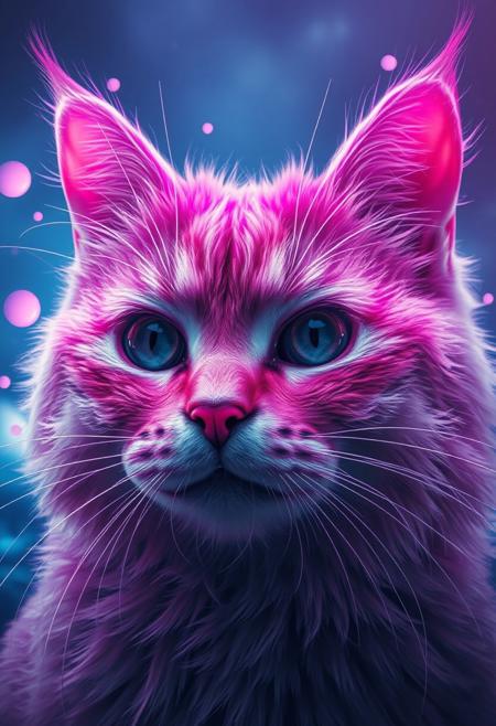 foggy, surreal dream, double exposure, living in a thunder cloud,, bo-abyss, bo-cityscape, bo-exposure, bo-cyberpunk, bo-steampunk, a highly detailed, surreal digital artwork featuring a close-up of a cat's face, the cat's fur is predominantly pink with a soft, fluffy texture, and its eyes are large and expressive, with a serene, almost dreamlike expression, the fur is adorned with intricate, glowing, purple and white lines that create a sense of movement and energy, the background is a gradient of deep blues and purples, with subtle, glowing orbs in various shades of pink and blue, adding a surreal, dreamlike quality to the scene, the overall style is highly polished and realistic, with meticulous attention to detail, showcasing the texture and depth of the fur and the softness of the animal's fur, the artwork is rich in detail and color, capturing the essence of a fantastical, otherworldly creature