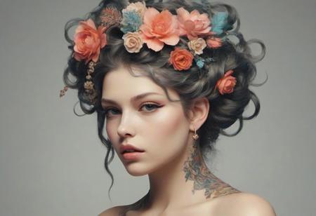 JuggernautNegative, <lora:xl_yamer_style-2.0:1>"Create a breathtaking digital artwork portraying a woman adorned with intricate tattoos and flowers delicately woven into her hair. The artwork should showcase stunning details and vivid colors inspired by the mesmerizing style of Alberto Seveso. Craft an elaborate digital painting with meticulous attention to detail and exquisite airbrush techniques. Render the artwork in Ultra HD 4K resolution to emphasize the beauty of this stunning digital illustration, highlighting the intertwining elements of tattoos and flowers that accentuate the woman's captivating allure."