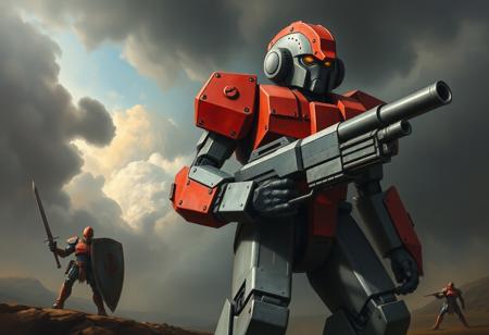 A masterfully handcrafted oil painting in the style of Raphael and Houdini, depicting a scene from a grimdark dark fantasy video game. The central figure is a large, imposing mechanical robot, predominantly gray and red, with a disproportionately large head and a smaller, powerful body. A massive gun is held, pointed decisively towards the right. In the shadowed background, two other robots stand ready; one brandishes a shield, the other a sword. The sky above is thick with heavy, ominous clouds. The composition is impeccable, adhering to the Golden Ratio, captured from a creative angle. Sharp Lines and Brush Strokes define the forms. Stunning Colors and Harmonious Colors, multi-colored, convey a powerful message, even within the grimdark palette. Captivating Lighting highlights the robot's form. This image is High-res, 4K, Exceptional Quality, with More Detail and Lifelike Details. Super Detailed Face and Eyes and Clothes (applied conceptually to robot's structure/optics), Beautiful Detailed Eyes (optics). Balanced Editing, Intentional Focus, Well-timed Moment, Isometric perspective. Dynamic Action Pose. Grammer Effect Style, Splash Ink Illustration elements, Octane Render, Unreal Engine 5 qualities implied through detail. Vivid Emotions (reflected in the scene's atmosphere/design), Joyful Impact (as an artistic contrast/instruction). CGSociety, Artstation Trending on ArtstationHQ. Contemporary Aesthetics. Beautiful Matte Painting. Handcrafted with Precision. High Quality.