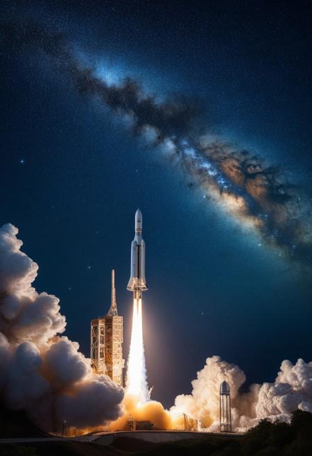 European Ariane rocket, starry night sky background and view of the surface of planet Earth