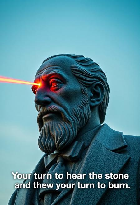 a granite statue of a distinguished man shooting a laser from its left eye at the viewer, caption "Your turn to hear the stone and then your turn to burn"