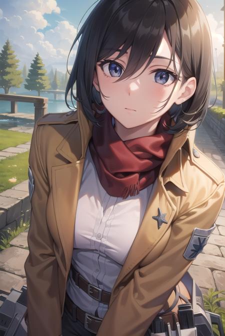 mikasaackerman, <lora:mikasa ackerman-lora-nochekaiser:1>, 
mikasa ackerman, black hair, (black eyes:1.5), hair between eyes, short hair,
BREAK belt, brown jacket, dress shirt, jacket, open clothes, open jacket, pants, paradis military uniform, red scarf, scarf, shirt, strap gap, thigh strap, three-dimensional maneuver gear, white pants, white shirt,
BREAK outdoors, village, nature, forest, grass, sun, sky, trees, clouds,
BREAK looking at viewer, (cowboy shot:1.5),
BREAK <lyco:GoodHands-beta2:1>, (masterpiece:1.2), best quality, high resolution, unity 8k wallpaper, (illustration:0.8), (beautiful detailed eyes:1.6), extremely detailed face, perfect lighting, extremely detailed CG, (perfect hands, perfect anatomy),