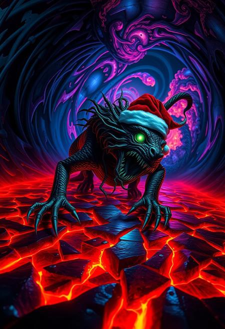 A  dark green dragon with sharp, sinewy limbs  wearing a Santa Claus hat and clawed hands crawling across a glowing, fractured red and black ground, its body made of intricate, web-like tendrils resembling tangled roots; the dragon's shadowy face features a glowing, singular circular eye that pulses faintly with light, surrounded by flowing dark masses resembling smoke or hair. The background swirls with chaotic fractal patterns in deep blues, purples, and fiery reds, resembling a warped, nightmarish tunnel. The scene is lit with harsh, neon-like lighting, casting sharp contrasts and reflections on the creature’s body and the jagged surface beneath, with an otherworldly glow emanating from the tunnel's fiery center. High contrast, sharp details, and eerie, swirling textures dominate the surreal composition.