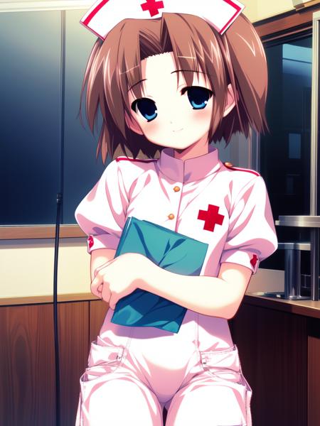 <lora:Shiki_Akimi:0.8>shikiakimi, blue eyes, brown hair, short hair, 1boy, soro, blush, smile, otoko no ko,
nurse, red cross, hospital, cowboy Shot,
masterpiece, high quality, very_high_resolution, large_filesize, full color,