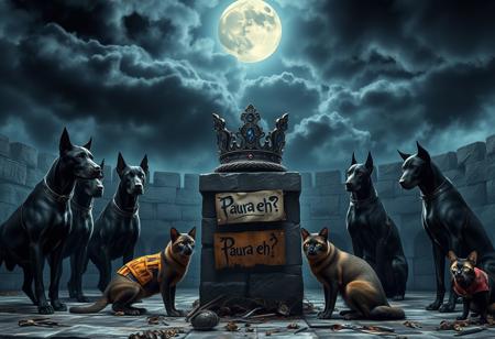 Under a stormy sky, a medieval arena carved from ancient stone is illuminated by cold, silvery moonlight. The scene is tense, with five Dobermans standing on one side, their muscular forms clad in dark, battle-worn armor engraved with intricate patterns. Their eyes glow with an unnatural intensity, and their breath forms mist in the chilly night air. Opposite them, five enigmatic cats crouch low, each wearing patchwork armor made from scavenged materials—leather, metal, and bones. Their reflective eyes glint in the darkness as their tails flick in anticipation. At the center of the arena, a stone pedestal holds a crown made of twisted metal and dark, glimmering jewels, emitting an eerie, pulsating glow. The ground around the pedestal is littered with remnants of past battles—broken weapons and shattered armor. A weathered cardboard sign, hanging from the pedestal, reads “Paura eh?” in jagged, dripping script, as if taunting both sides. The atmosphere is charged with suspense as the Dobermans and cats, driven by a mixture of fear and determination, prepare for the imminent clash under the watchful, ominous moon.