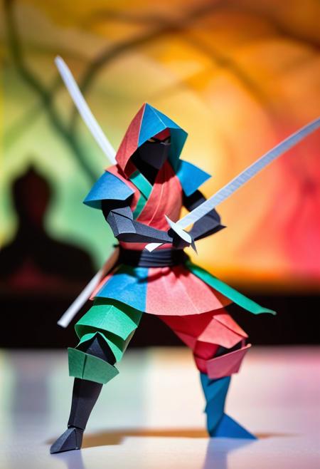 a picture of an origami of a ninja assasinating a samurai from the back made from a single sheet of multicolored gradient paper, the piece is displayed in a museum with many viewers in the background, bokeh