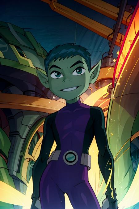  BeastBoy_TeenTitans,   1boy, solo, green eyes, green hair, green skin, colored skin, pointy ears,  purple bodysuit