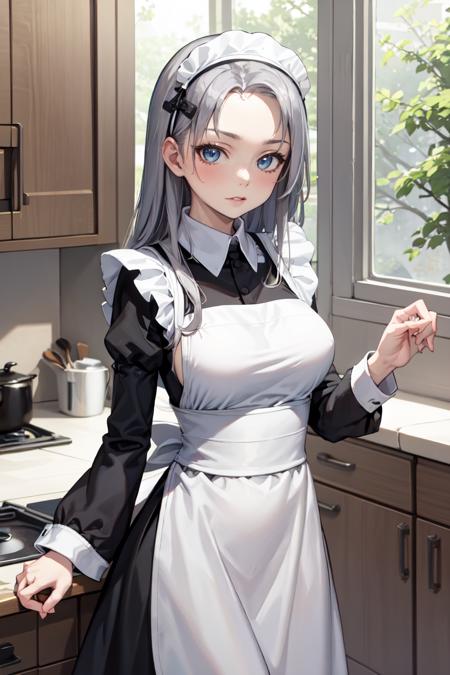 masterpiece, best quality, absurdres, KateTakayama, long hair, silver hair, forehead, maid, maid headdress, maid apron, kitchen, <lora:CHAR-KateTakayama:0.8>