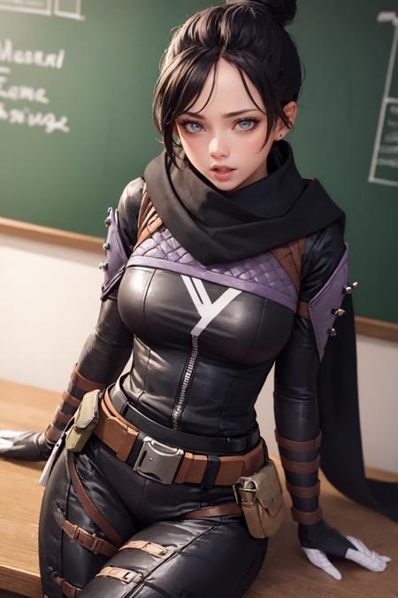 (masterpiece, best quality:1.2),  <lora:wraith_(apex_legends):.9>, wraith (apex legends), 1girl, solo, single hair bun, hair bun, bodysuit, scarf, black bodysuit, holding, breasts, black hair, black scarf, large breasts, blue eyes, belt, brown belt, bangs, parted bangs, hair behind ear, gloves, nose piercing, black gloves, thigh strap, looking at viewer, open mouth, chalkboard, thigh gap, hand on own chest, inside, thighs, thick thighs,