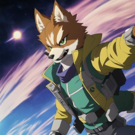 one starfox, anime style, anime, draw with pencil, cell shading, hold a raygun, full body, fanart, laser ray, extremely detailed, cinematic lighting, ray tracing, reflexions, detailed space background, key visual, intricate detail, highly detailed, breathtaking, vibrant, panoramic, cinematic, fine discreet smoke on the back and front of the character, beautiful sun in background, HDR, 8K