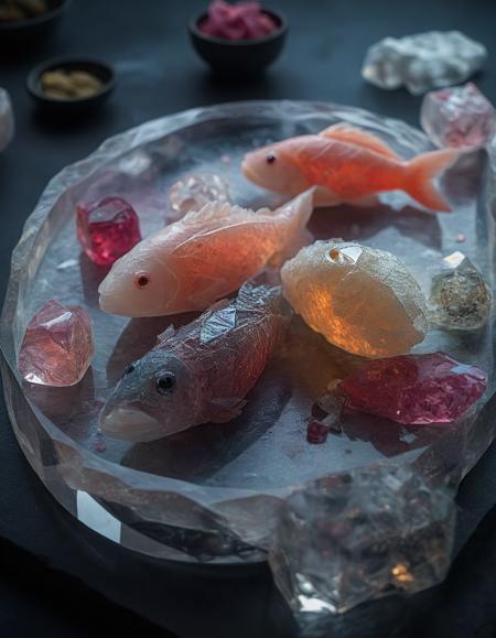 A platter of sushi where each piece is made of translucent crystal. The sushi rolls have geometric patterns on their surfaces, and the fish glows with inner light. The platter is surrounded by glowing gemstones and rests on a crystal table. <lora:SoulGemmed:1>