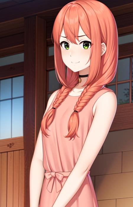 <lora:himitsu:0.7> {himitsu}, solo, pink hair, {twin braids}, looking at viewer, smile, {green eyes}, {detailed face}, thin, small bust, smile