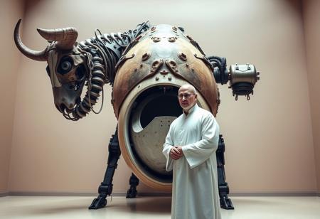 A  surreal, dystopian setting featuring a massive biomechanical creature resembling a bull. The creature has a skeletal head with mechanical eyes and exposed gears, its body is a mix of decayed organic material and industrial machinery, with visible wiring and components inside a hollow, egg-like torso. In front of the creature stands a bald man wearing a long, white, ceremonial robe and dark glasses, creating a sense of scale. The environment is minimalistic, with muted beige tones and a simple background, evoking a museum or sterile exhibit space. The lighting is soft and diffused, emphasizing the creature’s intricate details and the contrast between man and machine.