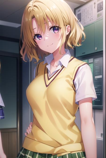 risamomioka, <lora:risa momioka darkness-lora-nochekaiser:1>,
risa momioka, short hair, blonde hair, wavy hair, (parted bangs:1.5), (purple eyes:1.1), smile,
BREAK green skirt, plaid, plaid skirt, sainan high school uniform, school uniform, skirt, sweater vest, thighhighs, (yellow sweater:1.5), short sleeves, bow, green bow,
BREAK indoors, classroom,
BREAK looking at viewer, (cowboy shot:1.5),
BREAK <lyco:GoodHands-beta2:1>, (masterpiece:1.2), best quality, high resolution, unity 8k wallpaper, (illustration:0.8), (beautiful detailed eyes:1.6), extremely detailed face, perfect lighting, extremely detailed CG, (perfect hands, perfect anatomy),