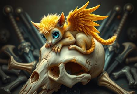 a tiny adorable griffon curled up on a huge skull, golden feathers, large blue cat eyes, Background bones and swords, armor