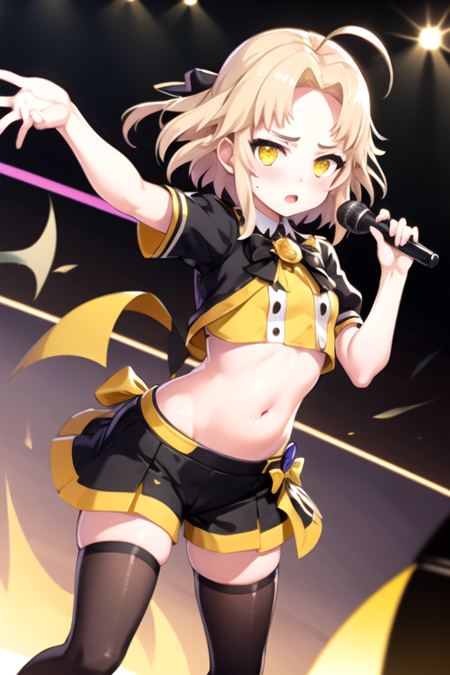 <lora:11Dio-01:0.7>,dioptd, 1girl, solo, looking at viewer, blush, open mouth, skirt, blonde hair, thighhighs, bow, navel, yellow eyes, ahoge, short sleeves, hair bow, shoes, shorts, midriff, black thighhighs, crop top, black bow, single thighhigh, idol, shorts under skirt, idol clothes