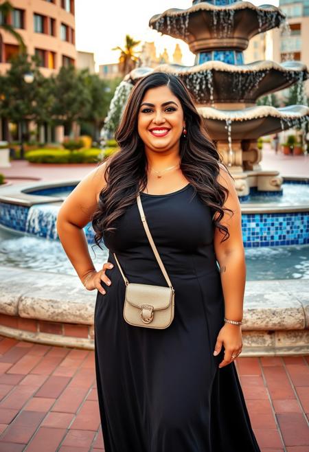 masterpiece portrait of a radiant woman with long dark wavy hair::1.4, candid photography style::1.2, naturalistic portrait art::1.1, (physical description: full-figured woman, long dark brown wavy hair cascading over shoulders, standing tall and confident:1.1), (facial features, expression: warm and genuine smile, kind brown eyes, pleasant and relaxed expression:1.0), (clothing details: elegant sleeveless black maxi dress with a scoop neck, simple yet flowing fabric:1.0), (accessories: small light-colored cross-body purse, white strap sandals, subtle necklace, red stud earrings:0.9), (background setting: grand tiered stone fountain with vibrant blue mosaic tiles and cascading water, red brick basin, terracotta tiled walkway, hints of lush greenery and modern buildings:0.9), (lighting style: soft ambient daylight, golden hour glow, gentle and even illumination, no harsh shadows:0.8), (composition and camera framing: full-body portrait, subject centrally positioned with one hand on hip, dynamic fountain backdrop, eye-level perspective:1.0), (emotional tone or theme: serene, joyful, confident, summery evening atmosphere:0.9), (technical execution: crisp focus, rich color palette, sharp details, inviting depth of field:0.8).