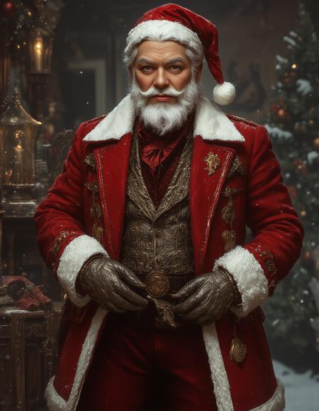 Realistic image reimagines a tall Santa Claus with a fashionable Victorian aesthetic. He dons an elegantly tailored deep red frock coat with intricate gold embroidery, a luxurious fur-lined collar, and polished leather boots. His fancy moustache is carefully groomed, paired with round, vintage spectacles. A velvet waistcoat and pocket watch add a refined touch, while snowy flakes swirl around him, enhancing the nostalgic yet stylish, aristocratic vibe. His confident, dignified pose exudes timeless charm, vantablack