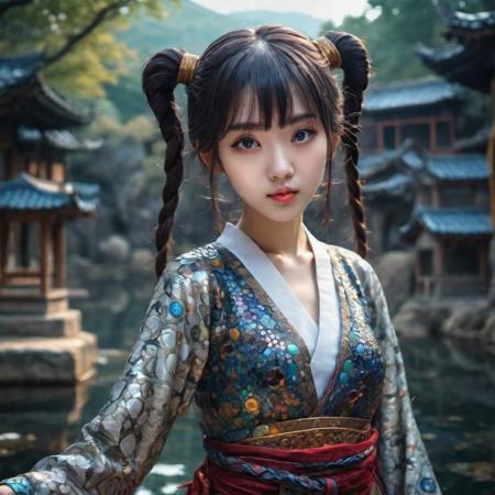 a cute korean large-eyed girl, slender and small face, very glossy skin, slight smile, bangs, very long twintail, 
fairytale manga art, Medieval Byzantine Art, byzantine mosaic, gloomy atmosphere texture, Dark shades, luminous liquid vivid paintinG,
octanerendering, 3D rendering, 
onsen, 
Psychedelic and surreal landscapes, fantastic dreamy landscapes, provocative pose, dynamic pose, beautiful legs, sfumato, surrealism, cinematic, combines fantasy and reality, fairytale elements, smooth, Strong and contrasting colors, vivid colors, rich colors, combination of various colors and shades, highly details, best Quality, Tyndall effect, good composition, free composition, spatial effects, lively and deep art, warm soft light, three-dimensional lighting, volume lighting, back lighting hair, Film light, dynamic lighting, Perfect body and fingers