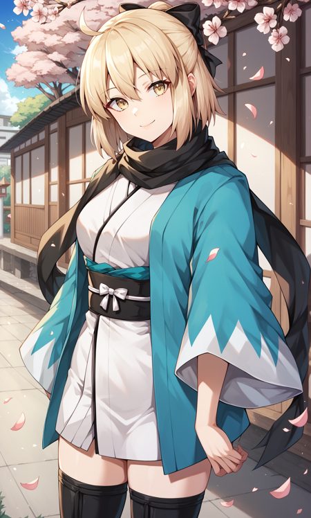 okita, yellow eyes, blonde hair, short hair, ahoge, hair bow, black bow black scarf, white kimono, short kimono, black sash, blue jacket, jacket on shoulders, haori, wide sleeves, black thighhighs