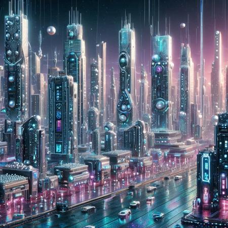 Pearlum,
8k, score_9, score_8_up, score_7_up,
masterpiece,realistic,ultra detailed, vibrant colors,photo-realistic,
A cyberpunk cityscape with iridescent pearl-like skyscrapers, glowing neon lights in blue, pink, and purple, holographic billboards, floating drones with pearl sheen, reflective water surfaces, intricate cybernetic details, futuristic and elegant, ultra-detailed, cinematic lighting, pearlescent textures, vibrant, dystopian yet luxurious atmosphere