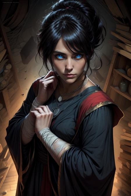 Sellen, bangs, black ponytail, pondering, standing, upper body,   
 MRobe,necklace, robe, long sleeves, bandages, wide sleeves, 
 wooden bunker,  cobwebs,  potions, 
(insanely detailed, beautiful detailed face, masterpiece, detailed eyes, best quality)  <lora:Sellen-10v3:0.8>