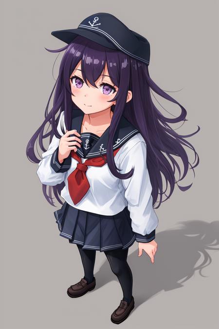 masterpiece, best quality,1girl, solo, long hair, akatsuki, hat, pantyhose, school uniform, serafuku, skirt, purple eyes, hair, black pantyhose, neckerchief, purple eyes, red neckerchief, pleated skirt, anchor symbol, looking at viewer, shoes, flat cap, loafers, standing, full body, <lora:xiao:1>