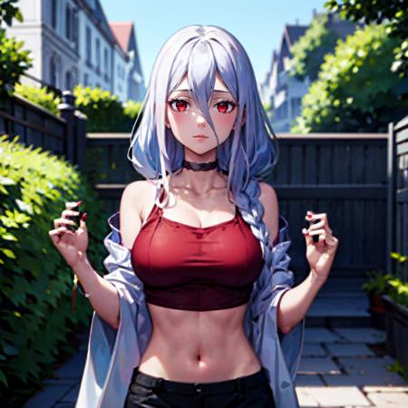 face lighting,bright backlight,super high resolution,best quality,Photos,4k,baizhi,1girl,hair between eyes,taur,arachne,long hair,braid,breasts,navel,solo,looking at viewer,single braid,outdoors,spider girl,red eyes,monster girl,choker,(arthropod girl:1.4),white hair,midriff,sleeveless,extra eyes,bare shoulders,bangs,shirt,day,sleeveless shirt,
<lora:baizhi_20230729212129:0.9>,