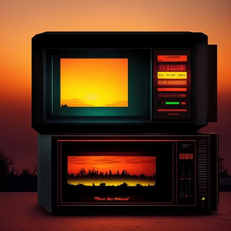 textless (retrowave:1)  an old fashioned microwave with a sunset in the background  <lora:RetroWave_LoraBooth:1>