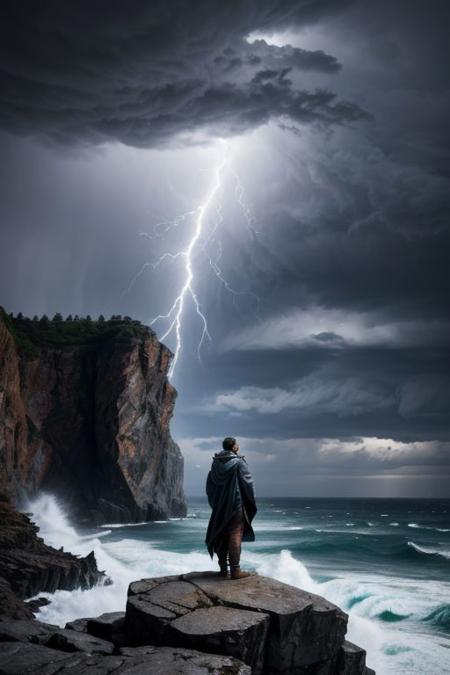 Upon the precipice of a towering cliff overlooking a churning sea, a weathered enchanter stands, his cloak billowing in the gusts of wind that whip around him. His beard, long and tangled like the roots of an ancient tree, sways with each movement as he gazes out over the roiling waves below. Clutching a tome bound in cracked leather, he channels the elemental forces swirling around him, conjuring bolts of lightning that streak across the sky with electrifying intensity. Above, dark storm clouds converge, crackling with raw power as they respond to his arcane command, casting an ominous glow upon the rugged landscape.