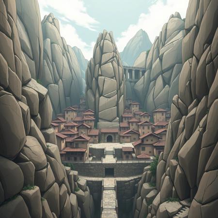 A liminal space in Iwagakure, the Hidden Stone Village, exactly as seen in Naruto. Massive rock formations rise around the village, their jagged edges worn smooth by time. The buildings, carved directly into the stone, blend seamlessly with the cliffs, their earthy tones merging with the landscape. The Tsuchikage’s tower, a monolithic structure of solid rock, stands in the center, dominating the skyline.
The village is completely empty—no shinobi, no movement, only the distant sound of wind brushing against the stone. The narrow streets, usually bustling with activity, are eerily silent. The stone bridges stretch across deep ravines, leading to doorways that open into darkness. The weight of the surrounding mountains feels oppressive, making the village seem trapped in stillness, frozen in time. Iwagakure stands strong, unchanged, yet abandoned, as if waiting for life to return.