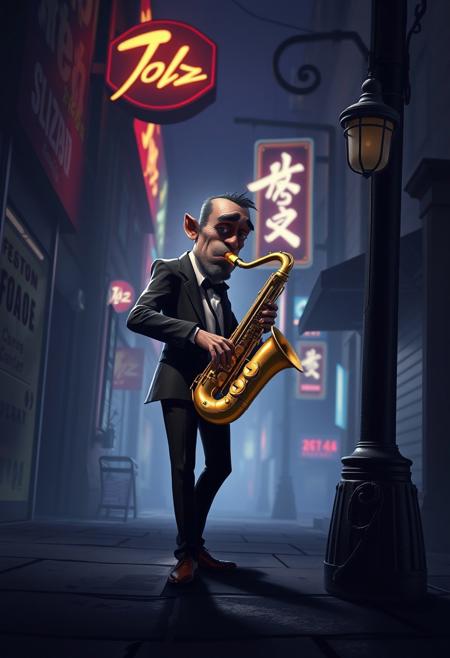 A jazz saxophonist performs on a shadowy street corner, his figure stylized in graphic contrast, while the background pulses with energetic brushwork and glowing signage., 3D character design, detailed textures, expressive features, exaggerated proportions, animation style, dramatic lighting, dynamic pose, minimal background, fantasy aesthetics, video game style