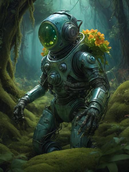 illustration-style picture of a biomechanical entity. The entity is a fusion of technology and nature, with a helmet that resembles a diving suit, its surface covered in verdant moss, crouched down and admiring a flower, twisting vines, and bright, exotic flowers. Its arms are heavy and robotic, adorned with peaceful symbols and patterns. The backdrop is an enchanted swamp, filled with a mystical fog, gnarly trees, and a spectrum of swamp flora. Fireflies dot the air with their luminescent glow. The illustration should have a whimsical and fantastical feel, with vibrant colors and a hand-drawn quality that emphasizes the enchanting aspects of the scene and the organic-meets-mechanical theme.