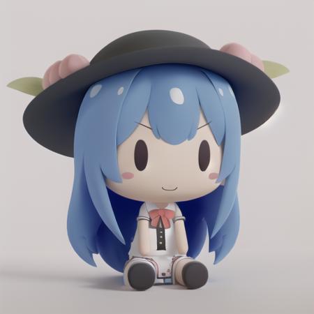 masterpiece, best quality, 1girl, :3, black_headwear, blouse, blue_hair, blue_skirt, blush_stickers, bow, bowtie, food, fruit, grey_background, hat, hinanawi_tenshi, leaf, long_hair, looking_at_viewer, neck_ribbon, peach, red_bow, red_bowtie, short_sleeves, sitting, skirt, solo, very_long_hair, white_blouse