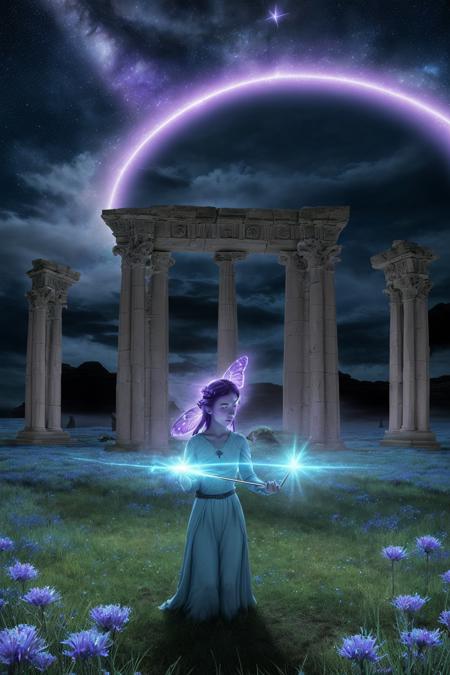 rolling fantasy grasslands under a starlit sky, giant celestial rift glowing purple in the sky, magical butterflies flying around ancient stone monoliths, soft blue flowers glowing in the dark, a single figure standing near the portal with a glowing staff, peaceful and awe-inspiring mood, ultra-realistic fantasy photography, dreamy atmosphere