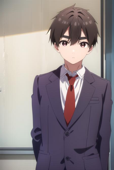 rentarouaijou, <lora:rentarou aijou s1-lora-nochekaiser:1>,
rentarou aijou, black hair, (brown eyes:1.3), thick eyebrows, short hair, hair between eyes,
BREAK school uniform, necktie, formal, suit, red necktie,
BREAK indoors, classroom,
BREAK looking at viewer, (cowboy shot:1.5),
BREAK <lyco:GoodHands-beta2:1>, (masterpiece:1.2), best quality, high resolution, unity 8k wallpaper, (illustration:0.8), (beautiful detailed eyes:1.6), extremely detailed face, perfect lighting, extremely detailed CG, (perfect hands, perfect anatomy),