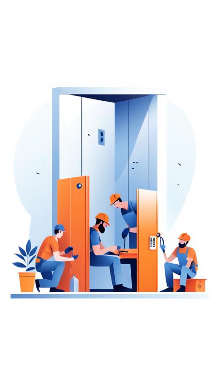 (Flat Illustration:1.3),This is a picture about repairing elevators. There are two men working on the elevator, one of them is sitting on an orange box and the other is lying on the ground next to the elevator door. They are fixing the elevator, and there are some tools scattered around them. The background of this picture is a white wall.