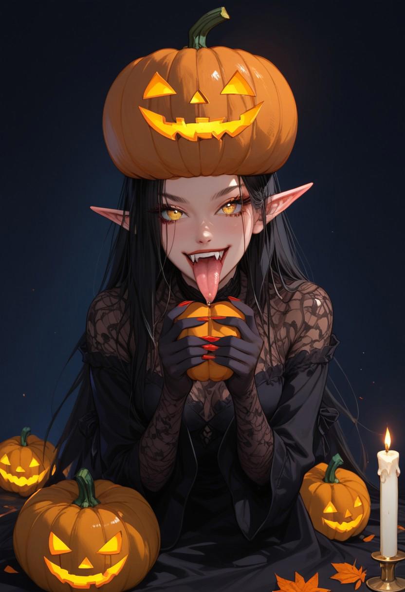 score_9, score_8_up, score_7_up, score_6_up, score_5_up, score_4_up,adult 30+, 1 Monster girl, solo, black long elf ears, red eyeballs, yellow pupils, big eyes, looks at the pumpkin, black face black body, evil seductive emotion, evil smile, long fangs visible, tongue sticking out, pumpkin in hand,( long red claws on hands and feet:1.1),( tongue licking small pumpkin:1.5) , black long hair, two-tone hair (black and red),( black fur body:1.5),( sitting in lotus position:1.1),( full body:1.1),( erotic pose:1.1), posing, dark background, halloween pumpkins, candles in pumpkins, candles, halloween, bottom view, focus on face, sexy hourglass figure,