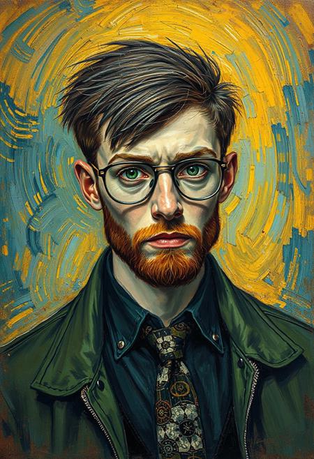 A vibrant post-impressionist portrait in the style of Vincent van Gogh, featuring [young man with dark blond grunge hairdo, aviator glasses, green eyes, Slavic appearance] wearing [green jacket, black shirt, tie with Rorschach test], with expressive brushstrokes, swirling background in warm yellows and deep blues, thick textured oil paint, visible impasto technique, starry night sky elements, intense emotional gaze, 19th-century rustic atmosphere, masterpiece, high detail
