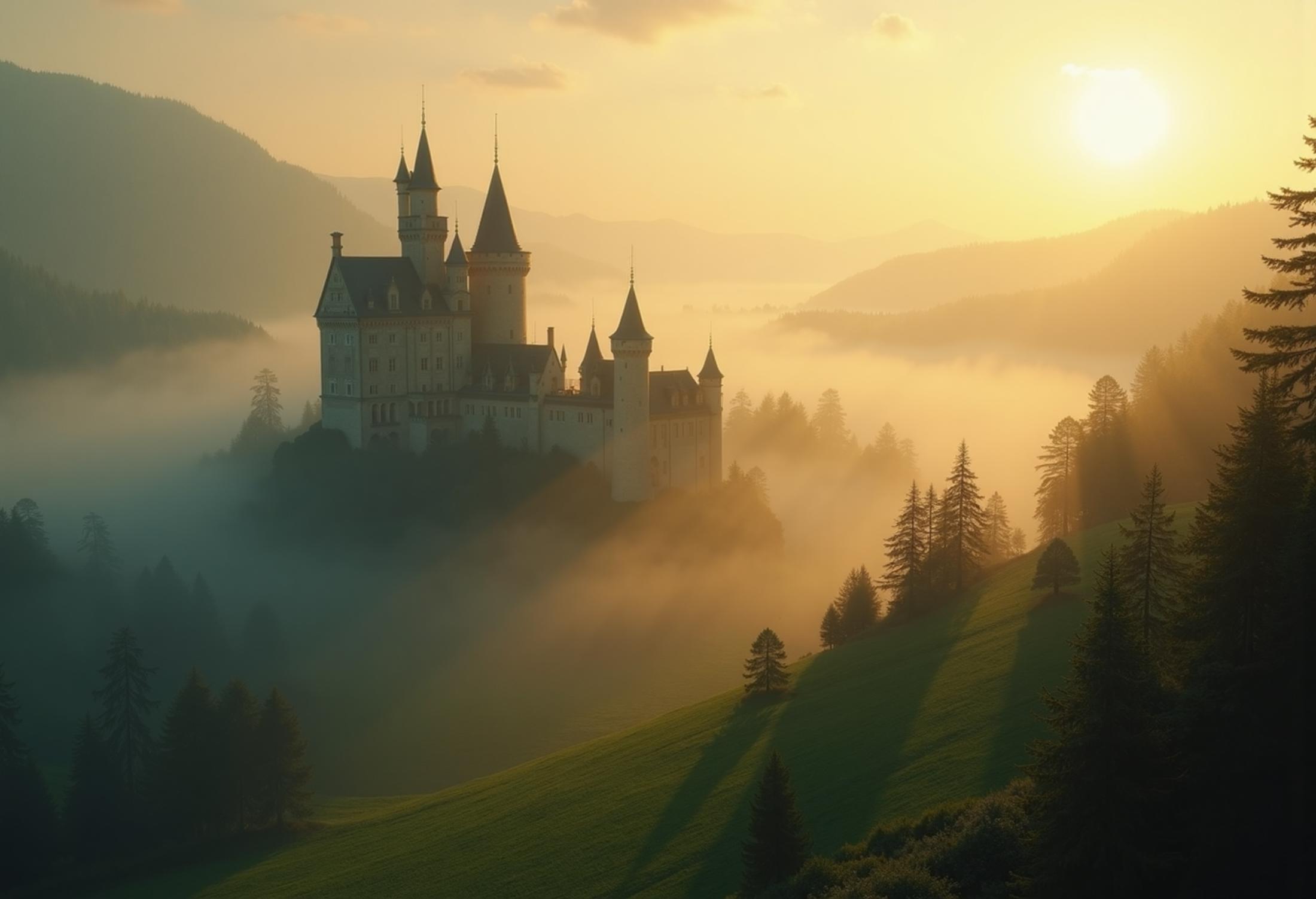 A cinematic shot of an ancient castle at dawn, shrouded in a gentle mist. The camera slowly zooms in, enhancing the sense of mystery surrounding the castle. Lush green fields and dense forests surround the castle, emphasizing the grandeur of the structure. Warm golden light from the rising sun softly illuminates the scene, casting long shadows, and creating a contrast between the castle and the misty background. Created using: high dynamic range lighting, soft focus on the mist, wide-angle lens, atmospheric perspective, inspired by Baroque art, subtle lens flare, cinematic color grading, 4K resolution


