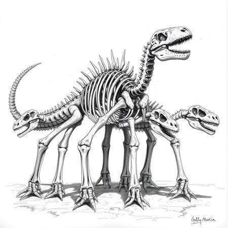 weird cryptic sketch, archaeology, giant fossil, multiple dinosaur skeletons, 8 legged creature with dinosaur skulls on the ends, spines, bones, 8 legs, creature, ribs, ugly
