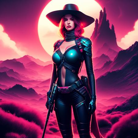 an attractive woman [gunslinger:bounty hunter:0.4] standing in a scifi wilderness (retrowave style:1) <lora:djzRetroTide_LB2:0.8>