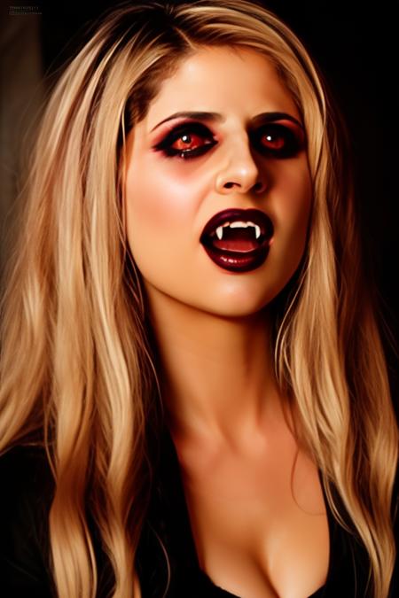 Ookzavampire style picture of Sarah Michelle Gellar as a vampire, dramatic lighting, intricate, gothic, highly detailed, digital painting, trending on artstation, concept art, smooth, sharp focus, illustration, 8k, photo realistic, masterpiece, art by George Luks