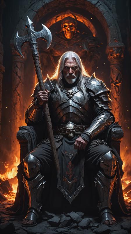 RAW photo, a old crusader, chain, in rusty armor holding a two-handed ax pointing down with both hands, sitting on an Hell throne, long silver hair, skulls around, lava cracks, concept art, aesthetic, depth of field, dark noir, high contrast, colorful, photograph poster, hyper detailed, cinematic lighting, soft shadows, sharp focus, best quality, art by Antinoice, ISO 100, 16K resolution.