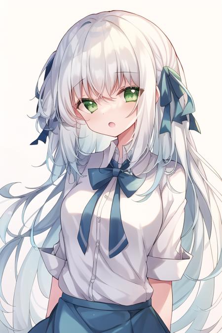 1girl, white_hair,green eyes,rainbow,  upper body, open mouth,  white shirt, blue skirt,  <lora:bison-style-000005:1>