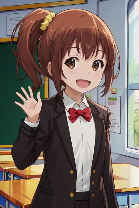 (masterpiece, best quality:1.2), highres, 1girl, solo, smile, open mouth, :d, 
Kanakana_V1, brown hair, short hair, side ponytail, brown eyes, hair ornament, yellow scrunchie, 
school uniform, blazer, jacket, long sleeves, white shirt, red bowtie,  
standing, hand up, 
indoors, school, looking at viewer, upper body, 
<lora:add_detail_CyberAlchemist:0.4>, <lora:GoodHands-beta2:0.8>, <lora:KanakanaV1_1-000026:0.9>