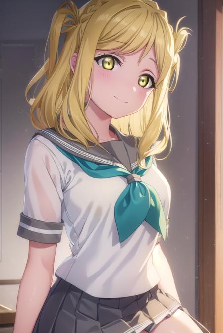 mariohara, <lora:mari ohara s2-lora-nochekaiser:1>,
mari ohara, long hair, bangs, blonde hair, hair ornament, (yellow eyes:1.3), braid, medium hair, hair rings, crown braid, smile,
BREAK skirt, school uniform, short sleeves, pleated skirt, serafuku, socks, neckerchief, kneehighs, black socks, green neckerchief, grey skirt, uranohoshi school uniform,
BREAK indoors, classroom,
BREAK looking at viewer, (cowboy shot:1.5),
BREAK <lyco:GoodHands-beta2:1>, (masterpiece:1.2), best quality, high resolution, unity 8k wallpaper, (illustration:0.8), (beautiful detailed eyes:1.6), extremely detailed face, perfect lighting, extremely detailed CG, (perfect hands, perfect anatomy),