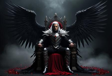 A dark fantasy digital artwork depicts a male figure seated on a 
dark throne with intricate metallic designs resembling dragon scales. The central character has long 
gray hair cascading dramatically around him. he wears metal armor and intricate metal designs, 
dark feathered wings spread symmetrically behind him, 
decorated with bright red crystals and metallic elements. Each wing is composed of countless black feathers. 
The man's head is crowned with a radiant halo of intense red crystals, 
Its body is decorated with human skulls. A wolf sitting next to him.  The throne itself features two large skulls positioned on its armrests,
each held by one of the character's hands. The background is swirling clouds and embers, 
enhancing the eerie atmosphere. Around the throne are many scattered human skulls, drowned in darkness, 
rocky terrain, 
adding to the sinister ambiance. The scene takes place in a foggy context, 
smoky backdrop, 
contributing to the mystical yet strange feeling. Dramatic lighting highlights the central figure while casting deep shadows. highly saturated visual effect that emphasizes surreal and gothic aesthetics.